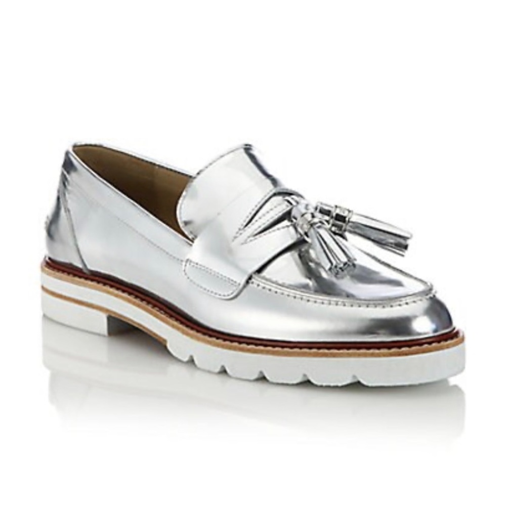 Authentic Stuart Weitzman Manila Loafers in Silver Size 5